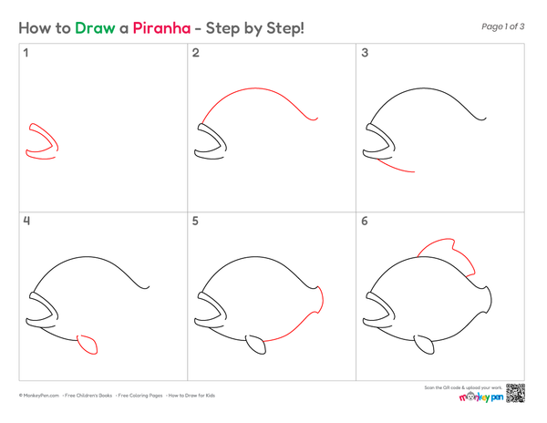 Beginner-friendly Piranha drawing for children.