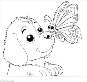 Butterfly on Puppy Nose Coloring Page – printable animal drawing for children