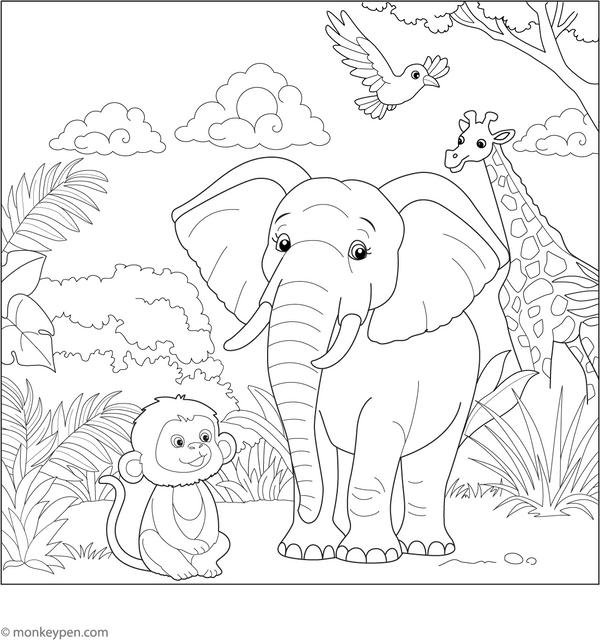 Elephant with Friends Coloring Page
