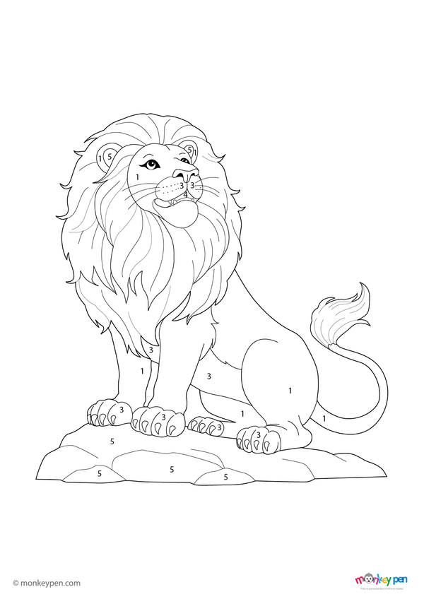 Color by number worksheet illustrating a lion on a rock in the savannah, with numbered sections for coloring the lion and landscape.
