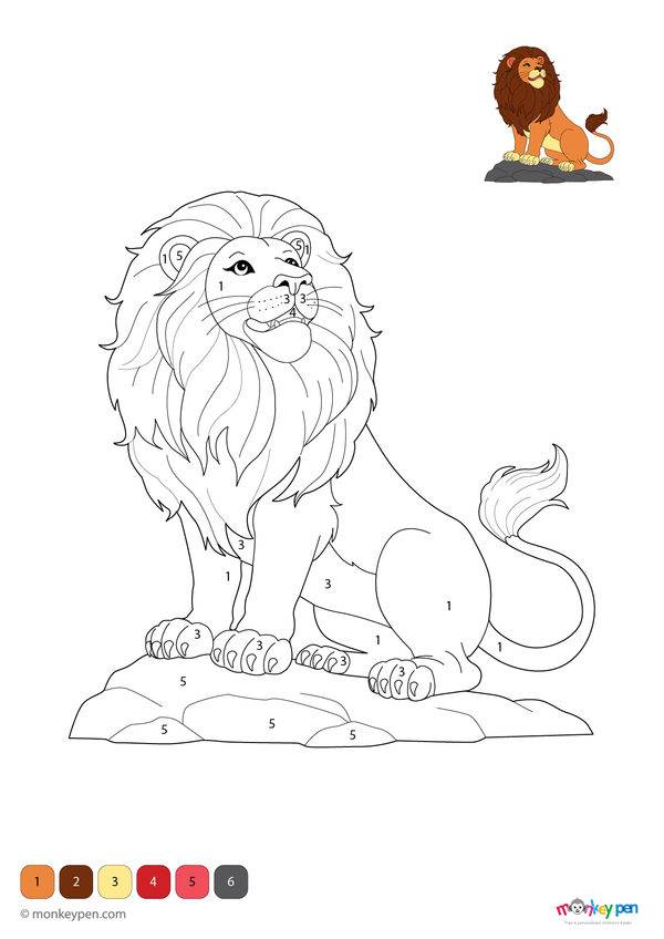 Color by number worksheet illustrating a lion on a rock in the savannah, with numbered sections for coloring the lion and landscape.
