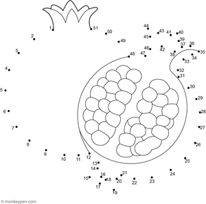 Connecting the dots reveals a juicy pomegranate with seeds and leaves in this engaging children’s worksheet.