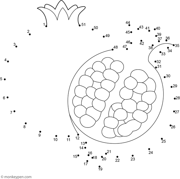 Connecting the dots reveals a juicy pomegranate with seeds and leaves in this engaging children’s worksheet.