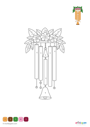 Color-by-number wind chimes worksheet – free download to color tree branch, chimes, and breezy background.