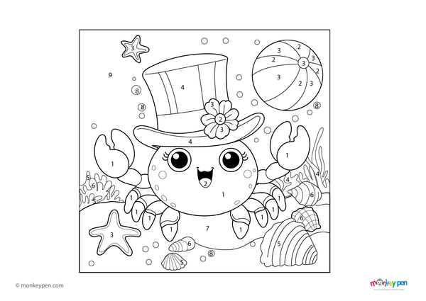 Color-by-number crab on beach – free download for kids to color pincers, sand, waves, and sunny sky.