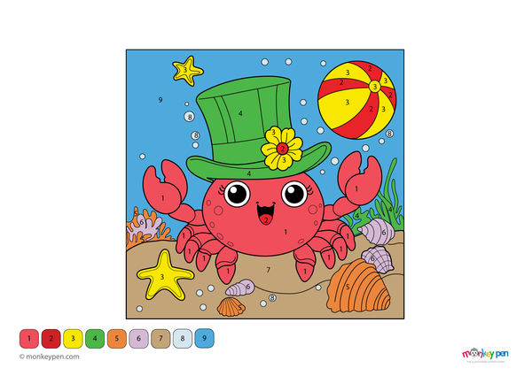 Color-by-number crab on beach – free download for kids to color pincers, sand, waves, and sunny sky.