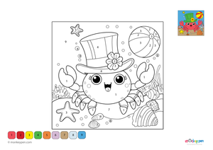 Color-by-number crab on beach – free download for kids to color pincers, sand, waves, and sunny sky.