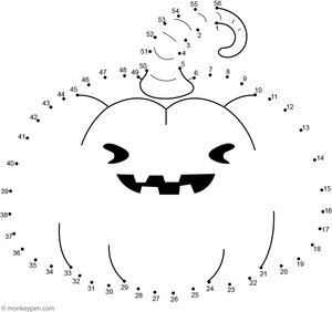 A cheerful jack-o’-lantern with a carved smile appears as children connect the dots in this Halloween-themed worksheet.