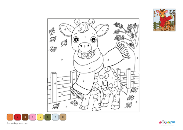 Color-by-number giraffe wearing scarf – free download for kids to color spots, scarf, long neck, and grass.