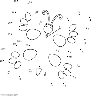 A simple, easy-to-draw butterfly with open wings forms as children connect the dots in this beginner-friendly worksheet.