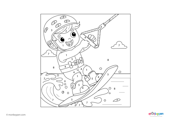 Downloadable color-by-number worksheet of a wakeboarder gliding on water, with numbered areas for clothing, board, and water splashes.

