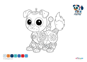 Color-by-number worksheet of a futuristic robot dog – free download to color mechanical parts, glowing eyes, and circuit background.