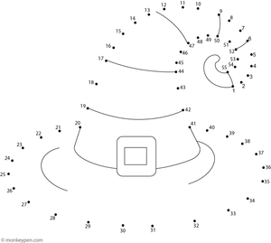 A curved witch’s hat with a ribbon band appears as children connect the dots in this Halloween-themed activity sheet.