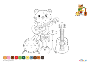 Downloadable color-by-number worksheet of a cheerful cat playing a musical instrument, with numbered sections for fur, instrument, and background.