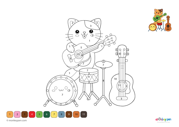 Downloadable color-by-number worksheet of a cheerful cat playing a musical instrument, with numbered sections for fur, instrument, and background.