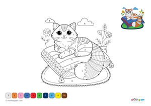 Color-by-number worksheet of a cozy cat on a cushion – free download to color fur, soft fabric, and homey background.