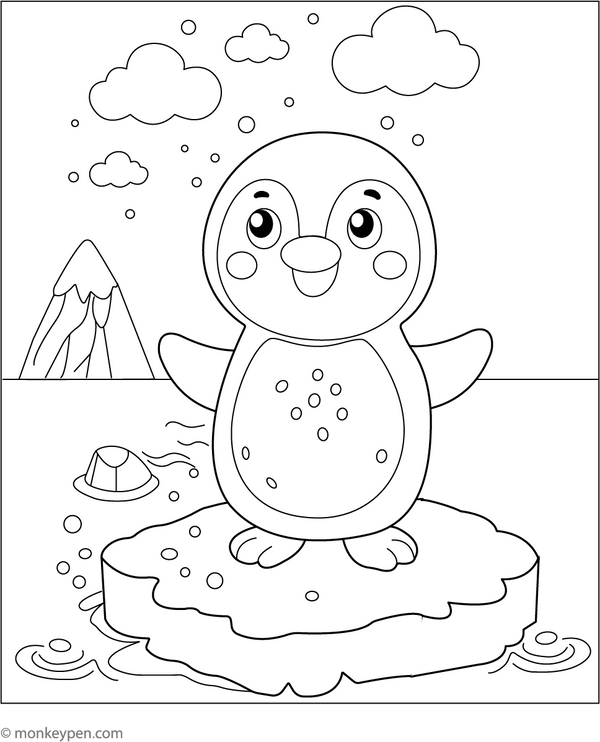 Penguin on an Iceberg Coloring Page– fun and educational printable for children