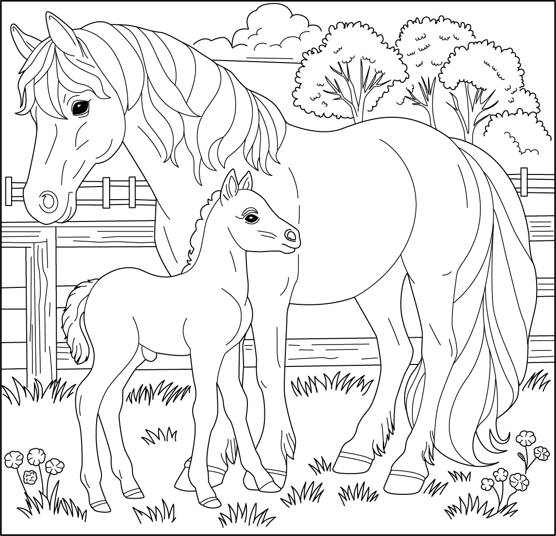 Foul Color In Free Printable Horse and Foal Coloring Page – Fun for Kids