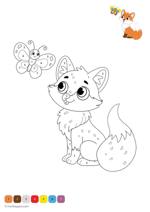 Free downloadable fox color-by-number worksheet featuring a woodland scene with numbered sections on the fox’s tail, ears, and fur—an engaging activity that helps kids learn numbers while exploring creative coloring.