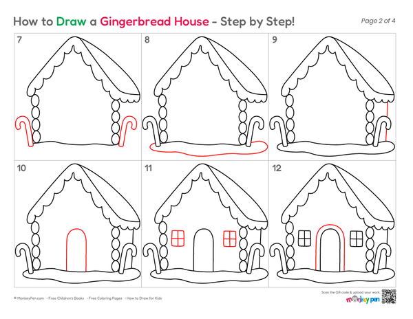 Gingerbread house illustration built from easy shapes and festive patterns.