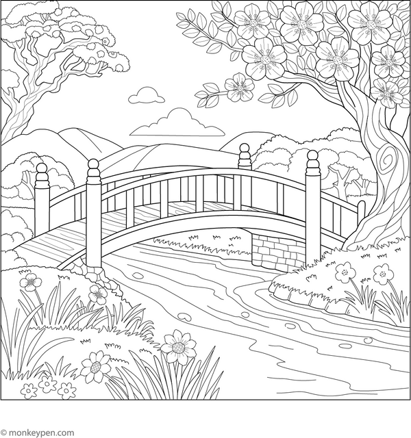 Sakura Bridge Coloring Page | Free Coloring Pages
