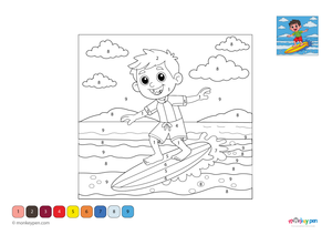 Downloadable color-by-number worksheet of a surfer riding a wave, with numbered areas for surfboard, ocean, and surfer’s outfit.