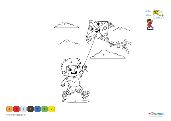 Color-by-number worksheet of a happy boy flying a kite – free download to color his outfit, kite, and breezy outdoor background.