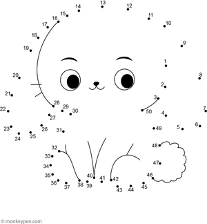 A cute rabbit with long ears and a fluffy tail is formed as children connect dots in this simple activity.