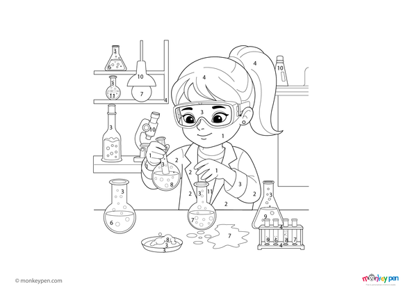 Color-by-number worksheet of a young girl scientist – free download to color her outfit, lab gear, and background elements.

