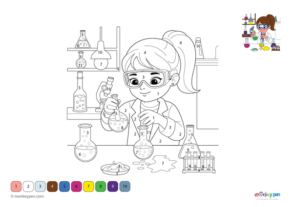 Color-by-number worksheet of a young girl scientist – free download to color her outfit, lab gear, and background elements.

