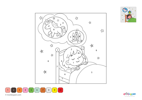 Downloadable color-by-number worksheet of a girl resting in bed, with numbered sections for pajamas, pillows, and cozy blanket.