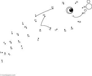 A small tadpole with a curved tail swims into view as children connect numbered dots in this educational activity.