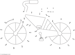 A child-friendly bicycle with handlebars and circular wheels appears as children connect numbered dots in this activity sheet.