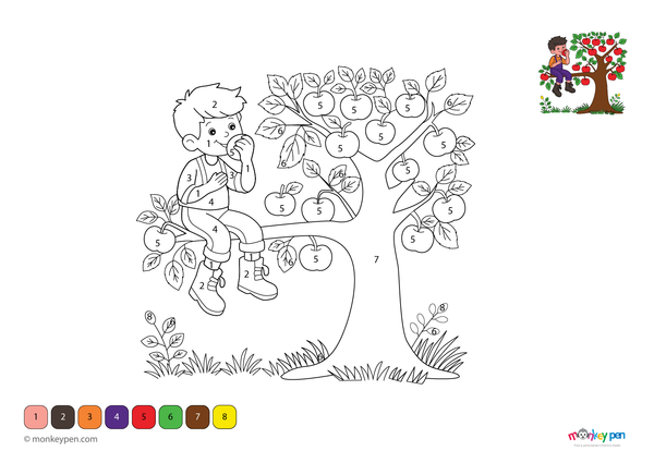 Color-by-number worksheet of a boy on a tree – free download to color his outfit, branches, and outdoor scenery.