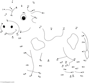 A friendly cartoon cow with spots and calm features appears as kids connect the numbered dots.