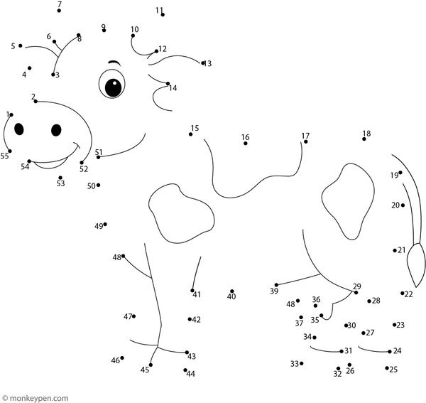 A friendly cartoon cow with spots and calm features appears as kids connect the numbered dots.