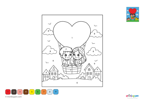 Downloadable color-by-number worksheet of a hot air balloon in the sky, with numbered areas for panels, basket, and clouds.