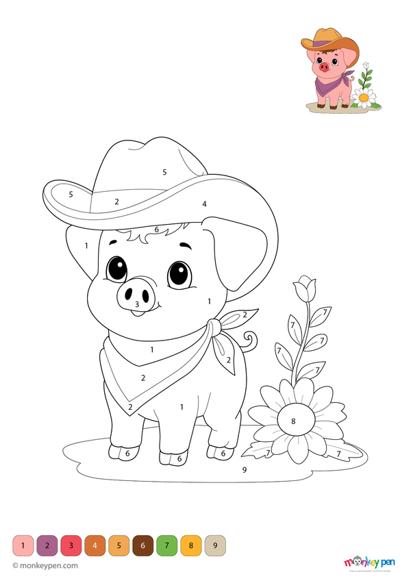 Downloadable color-by-number worksheet of a piglet beside a flower plant, with numbered areas for pink skin, hooves, and greenery.