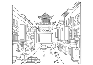 Chinese Street China Town Drawing coloring page – fun and educational printable for children