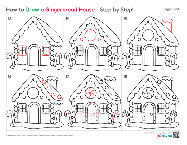Clear gingerbread house drawing progression with neat line art.