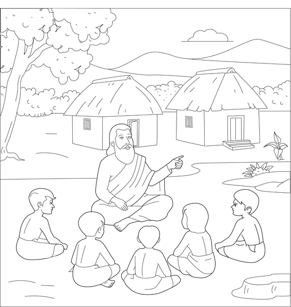Ancient Indian Ashram coloring page – fun and educational printable for children