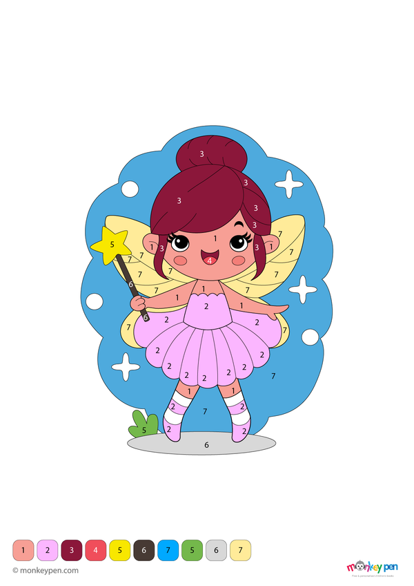 Color-by-number worksheet showing a fairy with a magic wand, with numbered sections for coloring the fairy’s dress and the enchanted background.