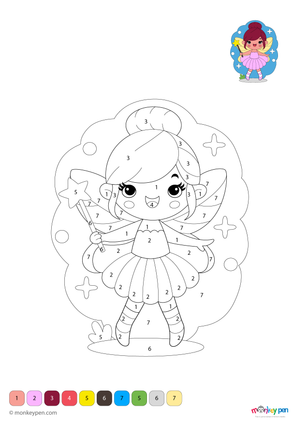 Color-by-number worksheet showing a fairy with a magic wand, with numbered sections for coloring the fairy’s dress and the enchanted background.