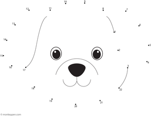 A sweet puppy face with floppy ears and a round nose appears as children complete the dot to dot pattern.