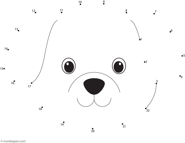 A sweet puppy face with floppy ears and a round nose appears as children complete the dot to dot pattern.
