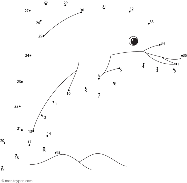 Guided number dots reveal a cheerful dolphin jumping above the water.