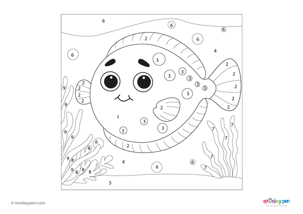 Color-by-number worksheet of a flounder fish swimming near the seabed – free download to color flat body, sand, and marine plants.