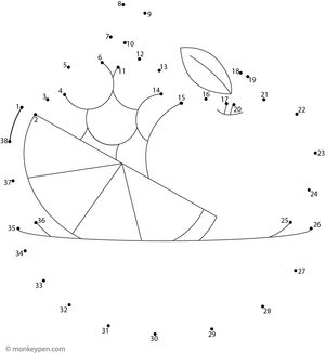 A basket of assorted fruits appears as children connect the dots in sequence.