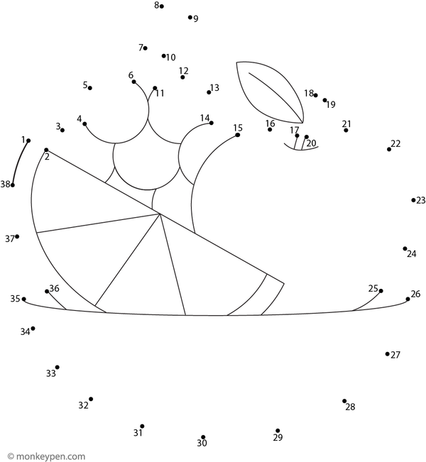 A basket of assorted fruits appears as children connect the dots in sequence.