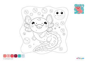 Downloadable color-by-number worksheet of an axolotl, with numbered sections for body, gills, and aquatic background.